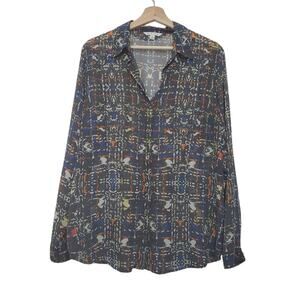 Cabi | Abstract Pattern Sheer Lightweight Button Up Long Sleeve Blouse Top